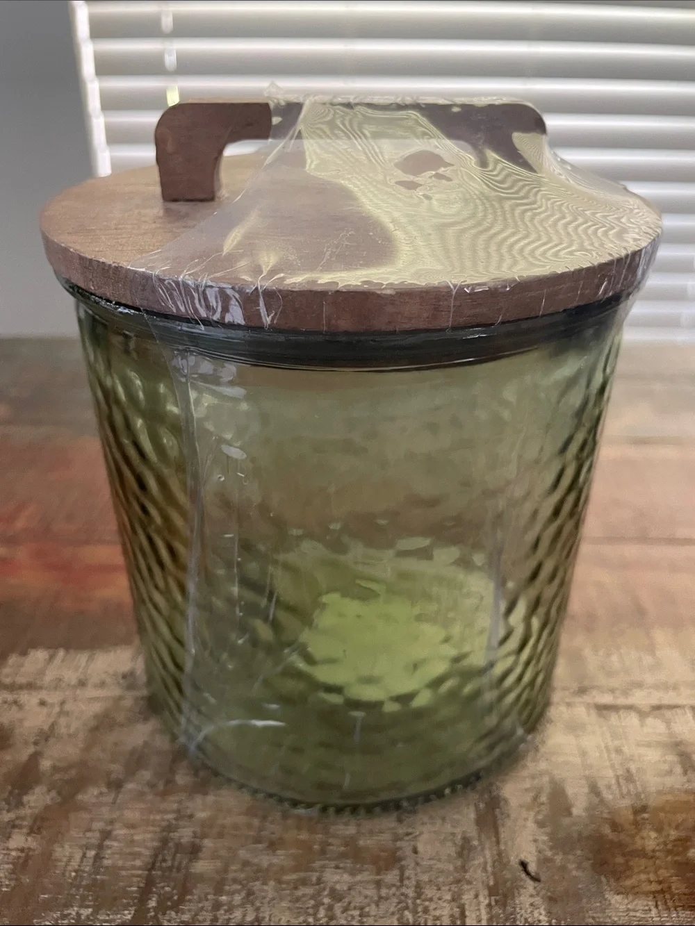 Salt & Pepper Shakers w/ Wood Holder - Gold & Green Glass Canister w/ Wood Lid
